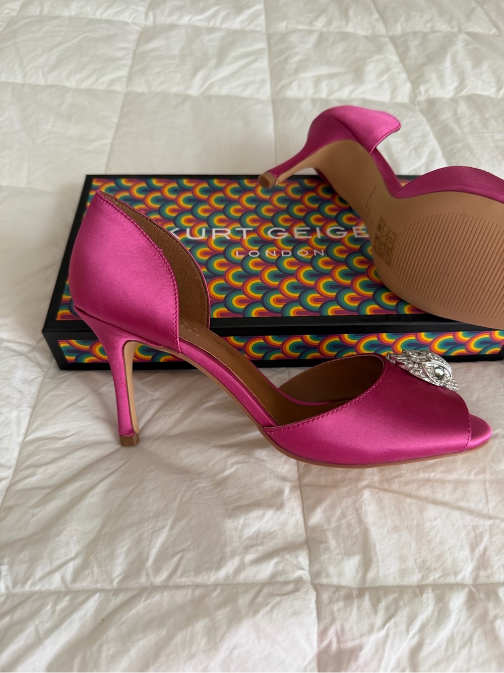 Kurt Geiger Hot Pink Satin Peep-Toe Heels with Crystal Brooch - Picture 2 of 7